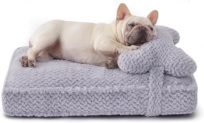 Soft Touch Faux Fur Dog Bed for Medium to Large Sized Dogs 8.5" Extra Thick, Orthopedic Pet Bed with Waterproof Liner and Washable Cover, with Removable Cute Pillow, Grey Color