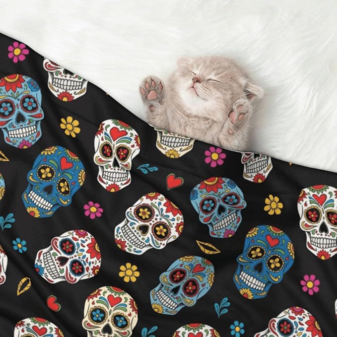 Two Sided Plush Pet Blanket for Crates Carriers Home Use, Day of The Dead Sugar Skull, Reversible Throw with Cozy Dot Fabric and Silky Reverse for Small Large Pets