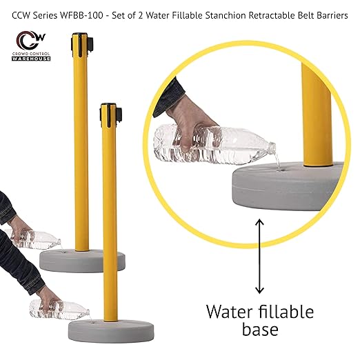 Crowd Control Warehouse CCW Set of 2 Retractable Belt Barrier Stanchion, Water Fillable Base MSH630 (11 Foot Belt, Yellow"Out of Service" Black Letters with Black PVC Plastic Post)