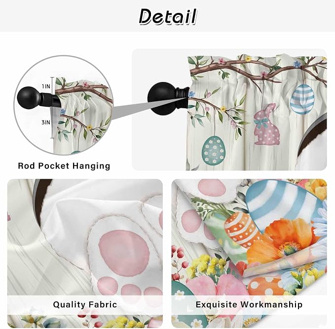 Easter Kitchen Tier Curtains 45 Inch Long 2 Panel Set, Rod Pocket Short Window
