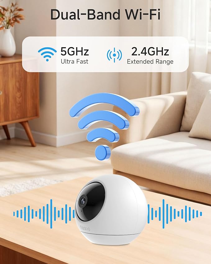 Noorio 4K Security Indoor Camera, 5GHz WiFi Security Camera, Pet/Dog/Baby Camera with Phone app, 360 Pan-Tilt, Night Vision, Human/Pet Auto Tracking, Works with Homekit, T120