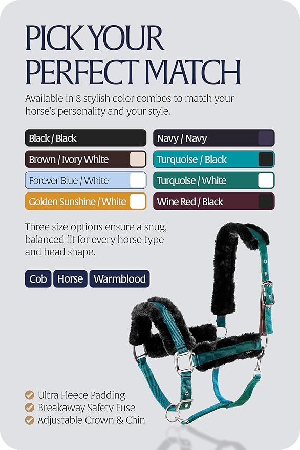 Equinavia Valkyrie Ultra Fleece Breakaway Horse Halter | Padded Fleece Adjustable Safety Halter with Nylon Webbing - Turquoise/Black - Warmblood