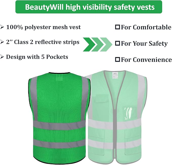 BeautyWill Mesh Safety Vest 1 pcs Customize Logo Class 2 High Visibility Reflective Vest with Pockets Construction Security Work Vest
