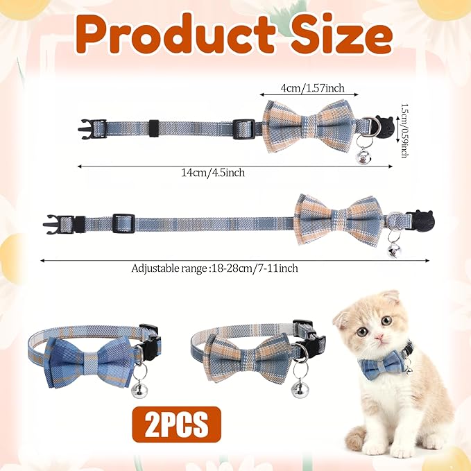 2Pcs Cat Collar Breakaway, Cute Plaid Cats Collar with Bells Soft Adjustable Kitten Accessories, Cat Bowtie Collar with Cat Buckle for Kitten Puppy and Small Pets