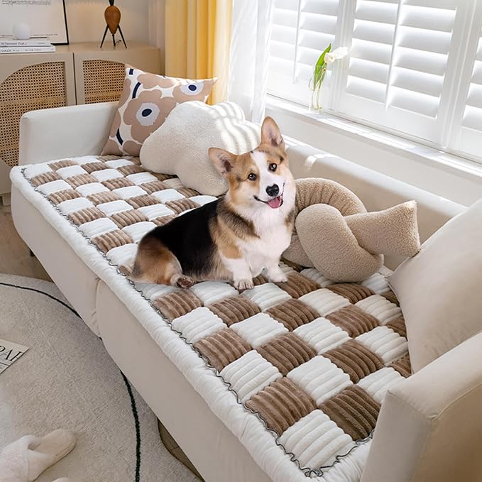 FunnyFuzzy Cream-Coloured Plaid Square Pet Mat Bed Couch Cover, Winter Thickened Dog Bed Cover Pet Blanket Sofa Couch Furniture Protector For Kids Dog Cat(Size:27.6*70.9 in,Color:Dark Brown)