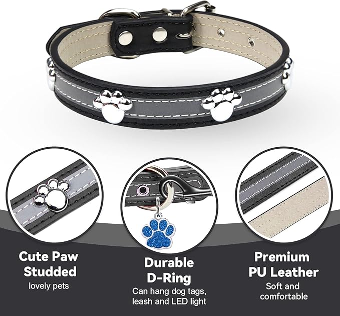 PETCARE Reflective Dog Collar with Cute Paw Rivet Studded Funny Soft PU Leather Adjustable Puppy Dog Collars for Small Medium Large Dogs Cats (Black,XX-Large)