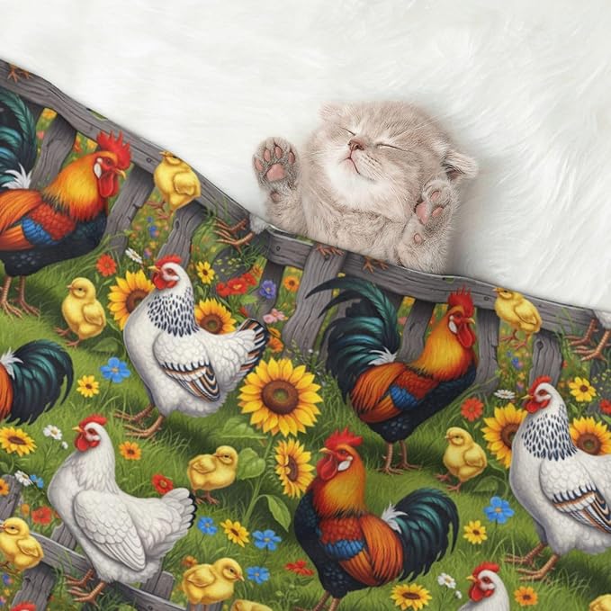 Reversible Pet Blanket for Easy Cleaning Maintenance, Chicken Rooster Garden Flowers Painting, Double Sided Plush Dot Design Means Double Use Between Washes for Convenience