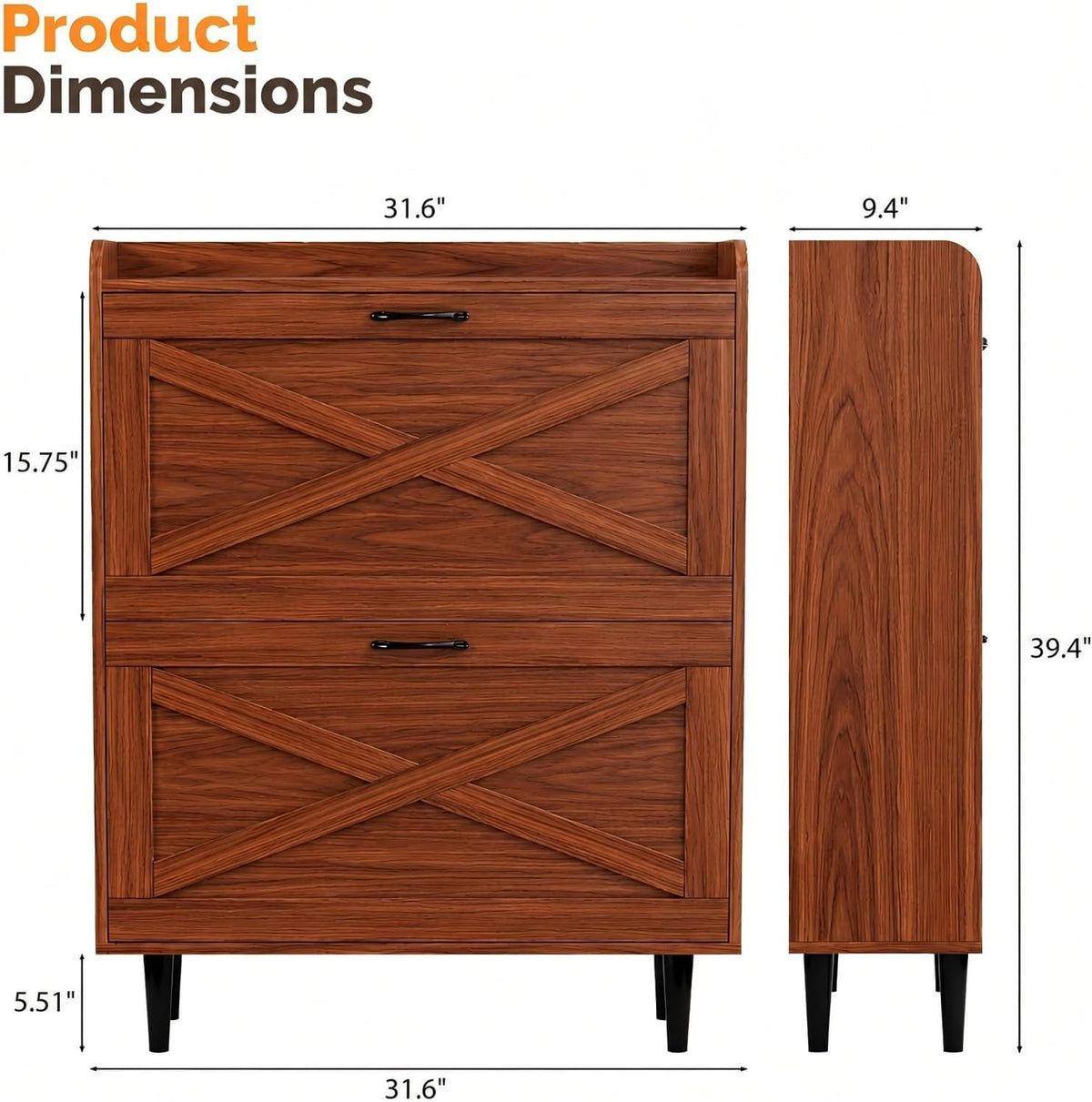 VINGLI Shoe Storage Cabinet for Entryway with 2 Flip Drawers, Ultra Slim Freestanding Entryway Shoe Organizer with Wood Tapered Legs,Hidden Closed Shoe Rack,31.6" W * 9.4" D * 39.4" H, Walnut