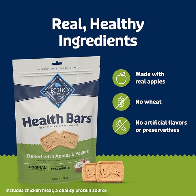 Blue Buffalo Health Bars Crunchy Dog Biscuits, Oven-Baked with Natural Ingredients, Apples & Yogurt, 16-oz Bag (Pack of 4)