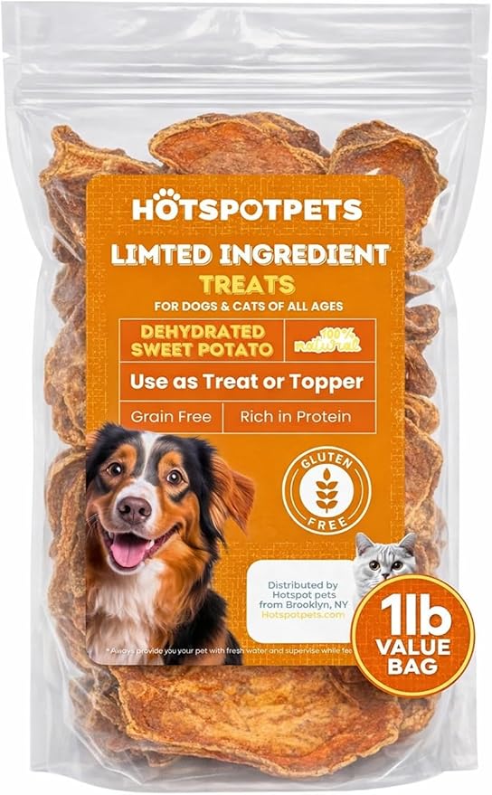 hotspot pets Dehydrated Sweet Potato Dog Treats - 1lb All-Natural, High Protein, Low Fat - Slow Roasted Oven Baked A Healthy Rawhide Alternative Dog Chews - Training & Treats