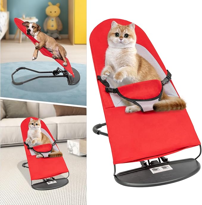 Pet Rocking Chair for Small Dogs & Cats, Portable Foldable Pet Rocker with 3-Level Height Adjustment & 33lbs Capacity, Washable Breathable Indoor/Outdoor Fur Baby Bouncer Bed (Red)