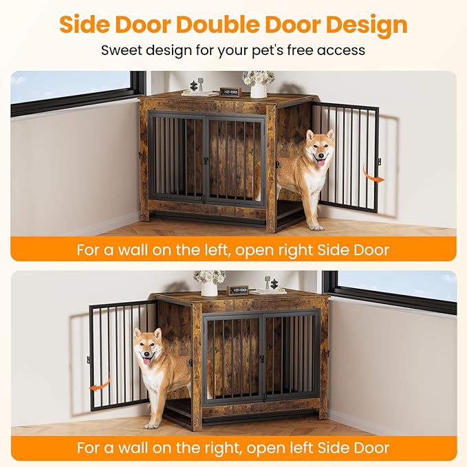 Dog Crate Furniture, 38 Inch Indoor Dog Kennel for Medium Dogs Up to 50 LBS, Heavy Duty Wooden Pet Cage End Table with 3 Doors, Alloy Steel Frame & Removable Tray
