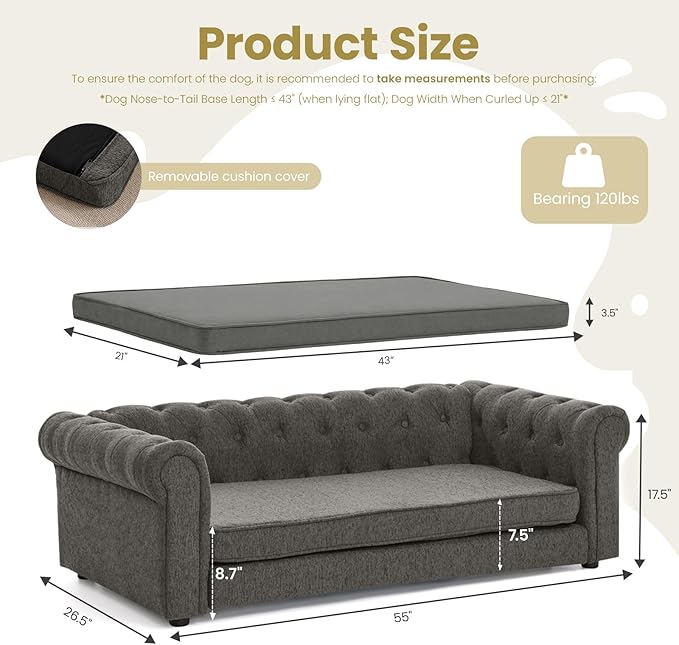 Elevated XL Large Dog Sofa with Backrest and Armrests, 55" Button Tufted Dog Couch Bed with Soft Cushion for Large Dogs, Stylish Lounging Bed Pet Couch Chair, 120Lbs Weight Capacity, Dark Gray