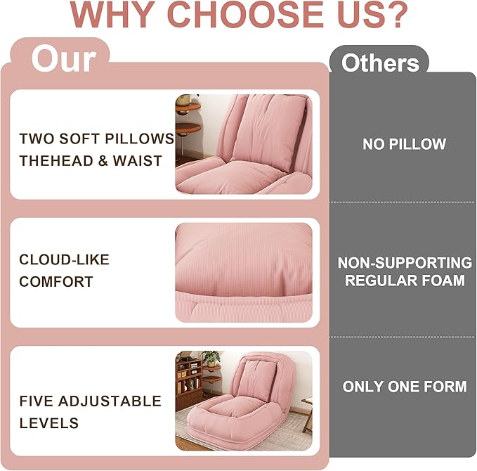 Adjustable 5-Position Human Dog Bed for People, Big Comfy Plush Floor Gaming Lazy Sofa Chair with Pillows & Back Support, Foldable Lounge Loveseat Couch for Living Room Bedroom (Pink①)