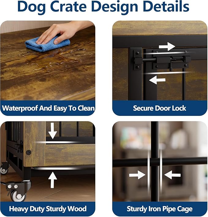 38.6 Inch Rustic Wooden Dog Crate Furniture with 3 Doors, Heavy Duty Indoor Dog Kennel Side Table with Wheels and Removable Tray, Easy-Clean Pet House Cage for Small to Medium Dogs