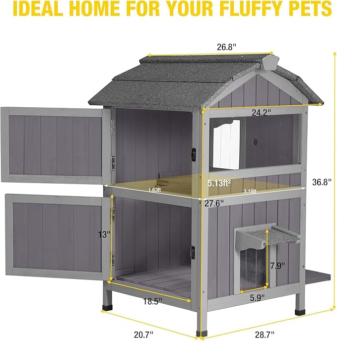 Aivituvin Outdoor Heated Cat House Two Story Feral Cat Shelter Weatherproof Cat Enclosure for Winter Kitty Condo with Escape Doors