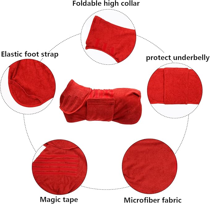 Geyecete Dog Drying Coat - Fast Drying Dog & Cat Bath Robe Towel - Microfibre Super Absorbent - Luxuriously Soft - Red - XXL