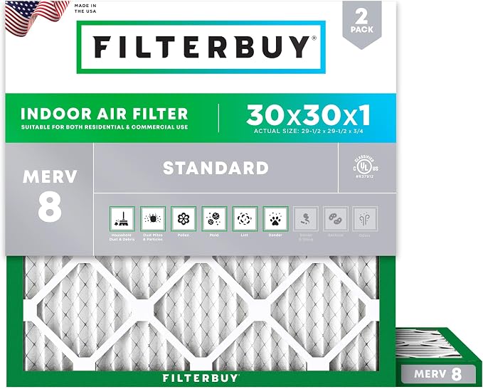 Filterbuy 30x30x1 Air Filter MERV 8 Essential Dust & Allergy Defense,