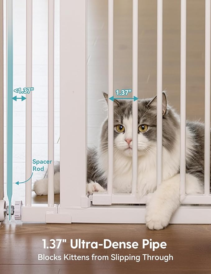 No Pawblems 55" Extra Tall Pet Gate for Cat/Dog, 31.5-48" Wide Auto Close Tall Cat Gate with 25.6" Wide Walk-Thru Door Opening, 1.37" Ultra Narrow Spacing, NO Drilling Pressure Mounted, White