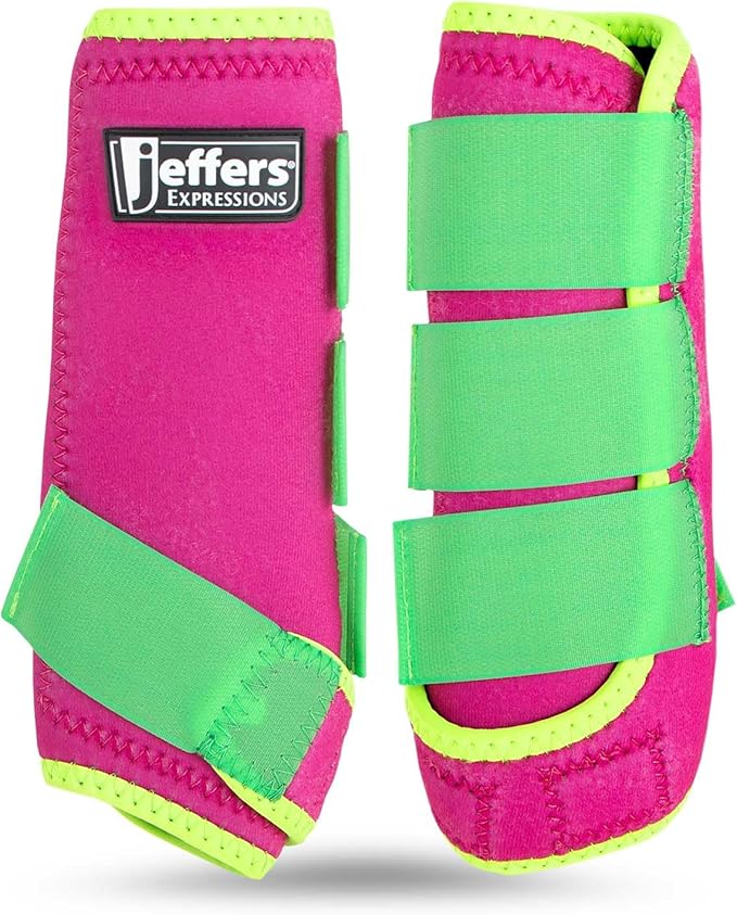 Jeffers Expression Neon Protective Horse Boots,1 Pair, Pink & Lime - Safe Neoprene Leg Guards, Durable Strap Closures, Front & Hind Support, Equestrian Accessories for Travel & Riding - Small