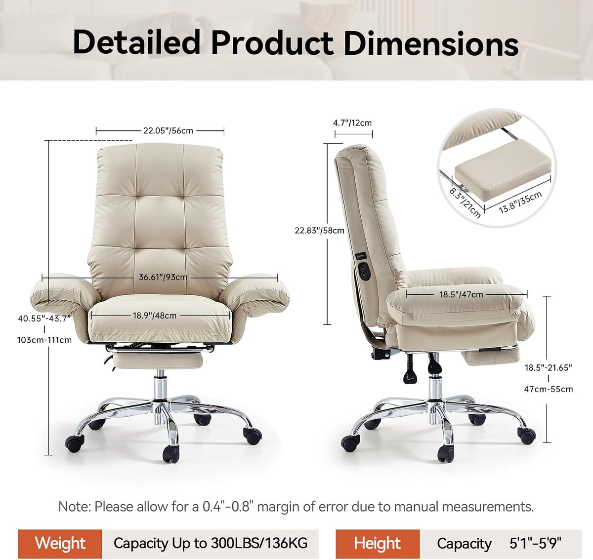 EMIAH Heated and Massage Office Chair with Foot Rest, PU Leather, Beige