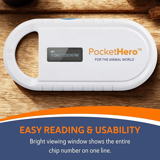 Pocket Hero ISO Microchip Scanner for Pets, Compact, Rechargeable Reader with Bright Display, USB Cable and Test Chip Included