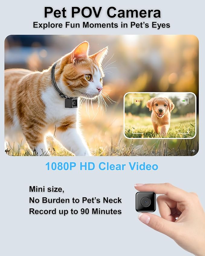 Cat Camera Collar 1080P HD – Lightweight Pet POV Action Cam with Night Vision, No WiFi Needed, XS-Size Pet Collar Camera