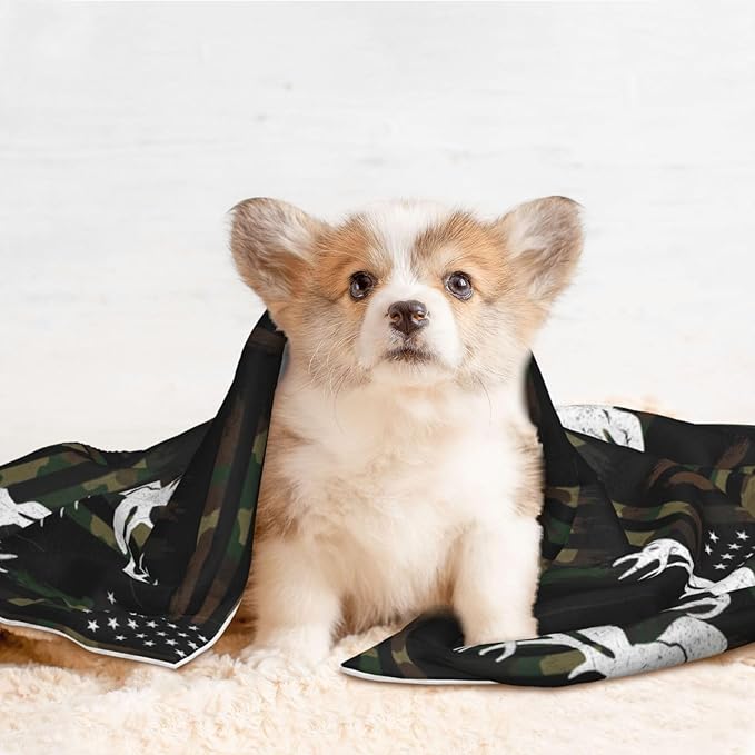Pet Blanket for Car Rides Vet Visits, Deer Camo Camouflage American Flag Hunting Black, Two Sided Reversible Plush Design with Bumpy Dot Side Offers Comfort Home Piece On Go Travel