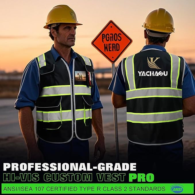 BeautyWill ANSI Certified Custom Logo Safety Vest 8-Pockets Class2 High Visibility Reflective Vest for Men - Personalized Logo Heavy-Duty Work Vest（Black，5Pack，XXL）