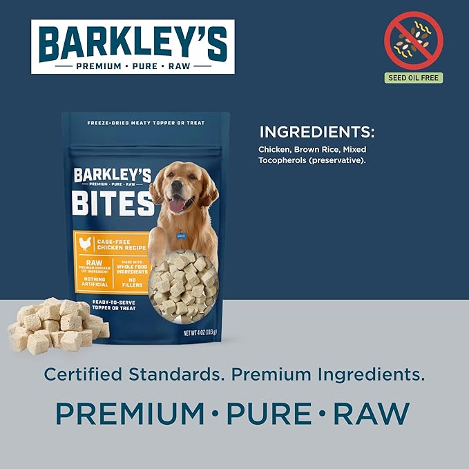 Barkley’s Bag Chicken Bites, Freeze Dried Dog Treats & Food Topper, Made with Chicken and Brown Rice, Small Bite-Sized Pieces for Training Rewards, for All Dog Breeds, Ages & Sizes, 4 Oz Bag (1 Pack)