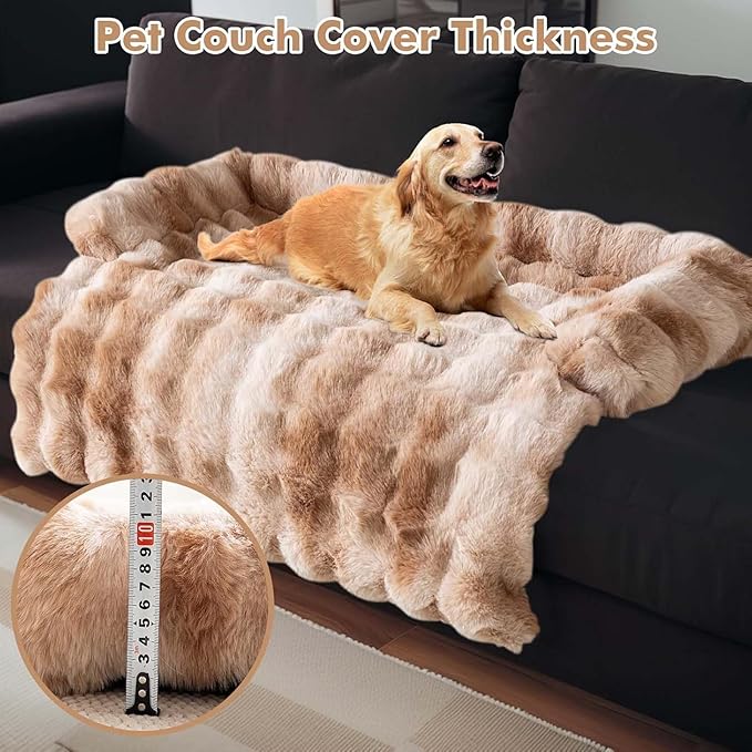 Pet Couch Covers for Sofa, Dog Couch Cover Protector, Fuzzy Sofa Cover Cream Square Plaid Dog Bed Plush Dog Mat for Furniture Protector for Large Medium Dogs and Cats