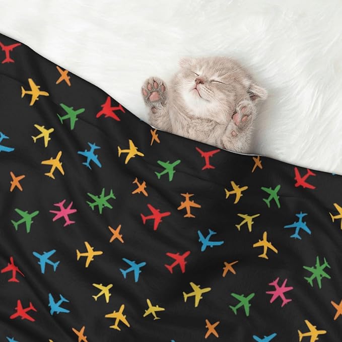 Double Sided Pet Throw for Dogs Who Shed, Colorful Aircraft Airplane Black, Reversible Blanket with Nubby Dot Side Catches Loose Fur for Easier Furniture Cleanup