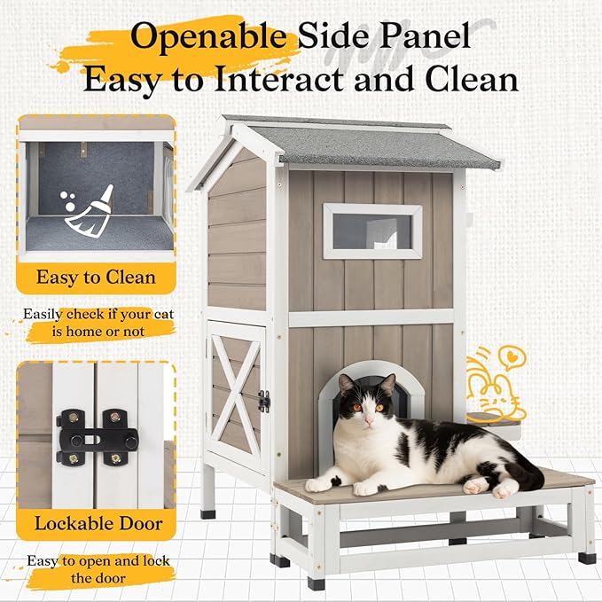 PetsCosset Insulated Outdoor Cat House Weatherproof, 2-Story Feral Cats Shelter Clawsable Cat House with Insulated Cat Scratching Cloth, Openable Asphalt Roof, Balcony, 4 Door, 2 Platforms