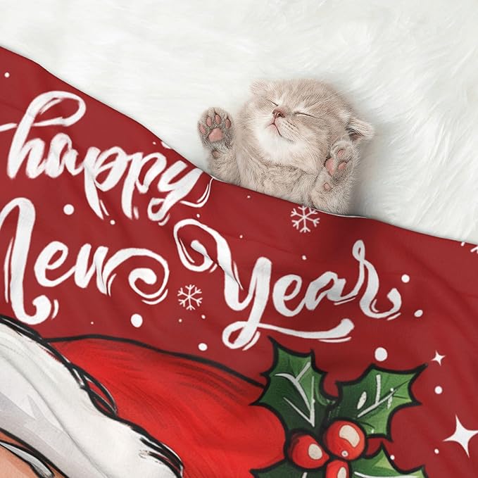 Happy New Year Throw Blanket - Red Xmas Blanket for Dog Cat Pet 40x30 Santa Blankets for Couch Sofa Bed