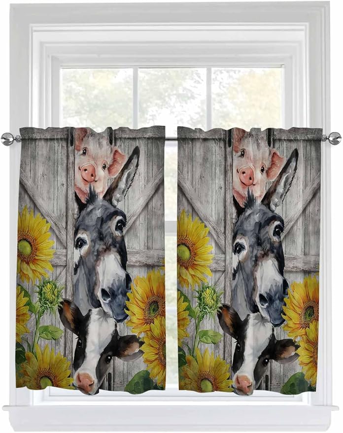 Farmhouse Kitchen Curtains 54 Inches Length, Vintage Sunflowers Animals Printed