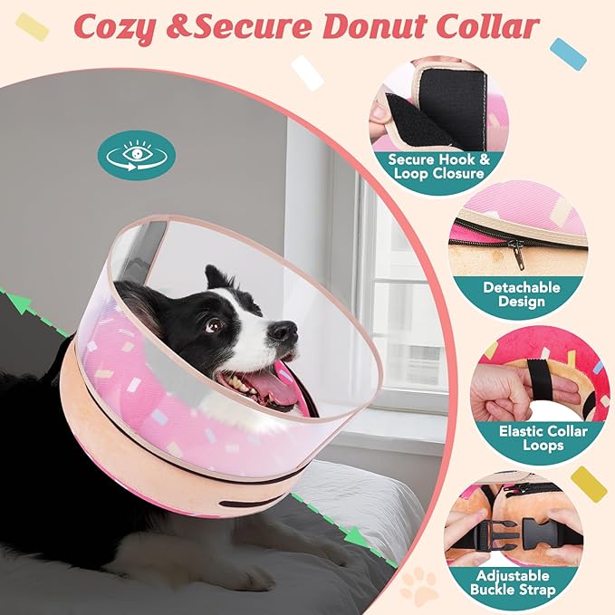 Inflatable Dog Cone with Anti-Licking Clear Shield, Protective Dog Donut Collar After Surgery, Adjustable Soft Recovery Cone for Pets, Alternative Collar with Buckle Strap (Pink, S)