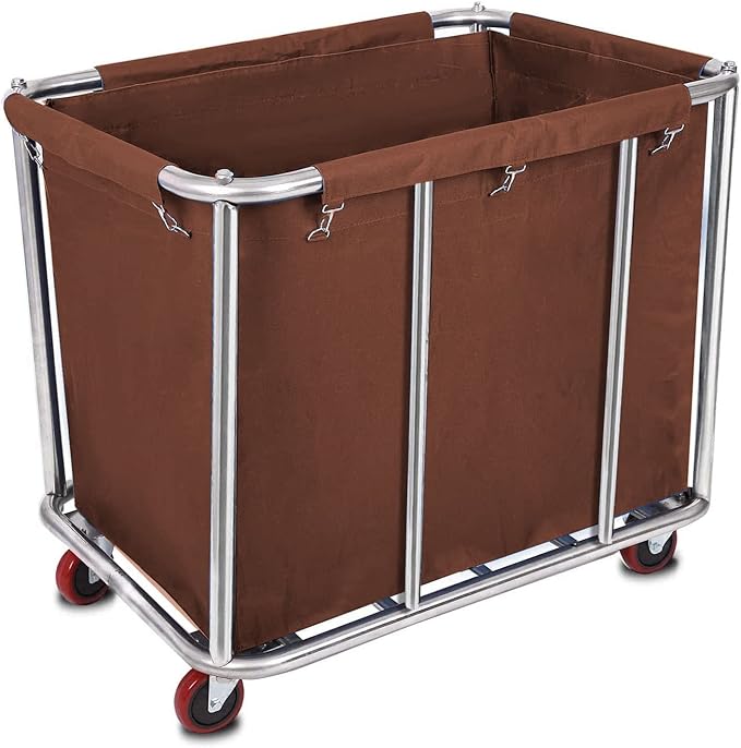 10 Bushels Laundry Cart Commercial/Home,Heavy Duty Large Stainless Steel Rolling Laundry Basket with Wheels，for Laundry Organizer and Storage,260LBS Load (Brown)
