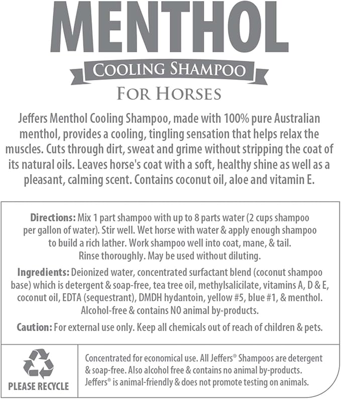 Jeffers Equine Menthol Cooling Horse Shampoo 1 Gallon - 100% Pure Australian Menthol, Coconut Oil, Aloe & Vitamin E - Moisturizing, Deep Cleansing, Gentle Grooming Shampoo for Horses