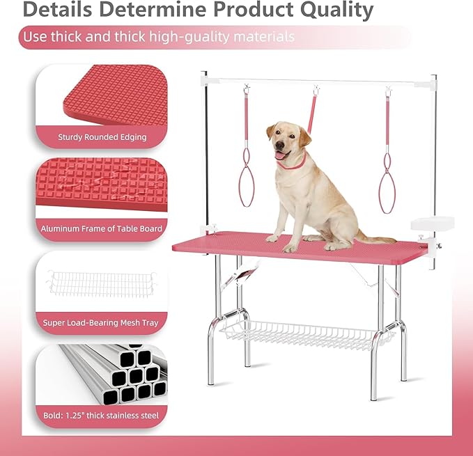 47'' Dog Grooming Table for Large Dogs, Foldable Grooming Table for Dogs at Home with Adjustable Arm & Clamp, Non-Slip Waterproof Top, Mesh Tray & Tool Holder, Stainless Steel Legs, 330LBS Capacity