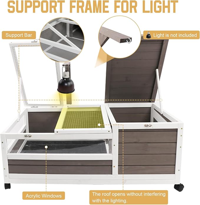 PetsCosset Tortoise Habitat Cage on Wheels with Lamp Stand & Pull-Out Waterproof Tray – Large Wooden Tortoise House, Indoor Outdoor Reptile Enclosure 39''L*23''W*14''H