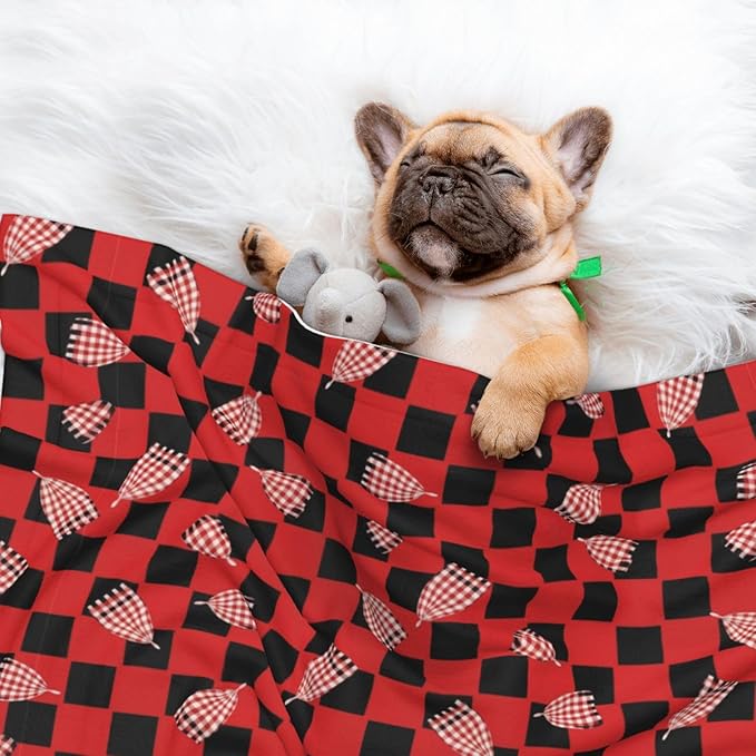 Reversible Plush Throw for Dogs and Cats, Red Black Buffalo Check Plaid Pattern, Double Sided Blanket with Nubby Dot Side and Sleek Side Ideal for Cuddling Nesting Security