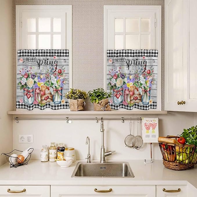 Spring Flowers Kitchen Curtains Set 3 Piece