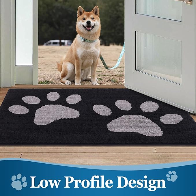 Buganda Dog Door Mat for Muddy Paws, Absorbent Dirt Trapper Washable Indoor Doormats, Non Slip Low-Profile Mud Mat for Dogs, Front Entrance Doormat for Inside Floor (70x24 Inches, Black and Grey)