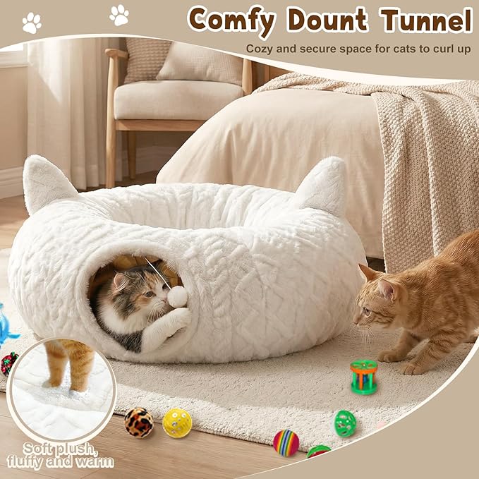 OurWarm Cat Tunnel Bed for Indoor Cats, Soft Plush Cat Donut Tunnel with 11 Pcs Interactive Toys & Washable Mat, Round Peekaboo Pet Cave Play Tunnel Under Christmas Tree for Kitten Rabbit
