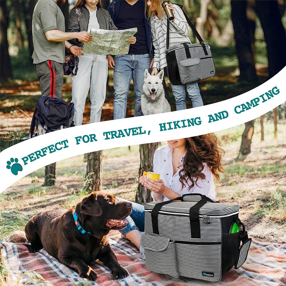 PetAmi Dog Travel Bag - Organizer with Food Container, Bowls & Accessories for Weekend Camping, Cat Diaper Bag (Stripe Black, Large)