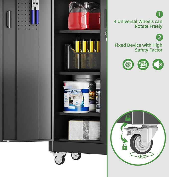 Garage Storage Cabinet with 5 Adjustable Shelves and Door Pegboard,Metal Storage Cabinet with Wheels for Garage Home,Required Assembly,Black, 71" H×32" W×16" D