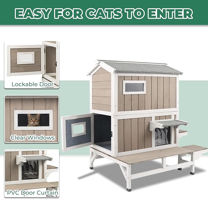 Insulated Cat House for Winter, Wood Two Story Outdoor Cat House Weatherproof with Cat Scratching Cloth, 3 Jumping Platforms, 3 Doors, Outside Indoor Clawsable Feral Cats Shelter for Small Animals