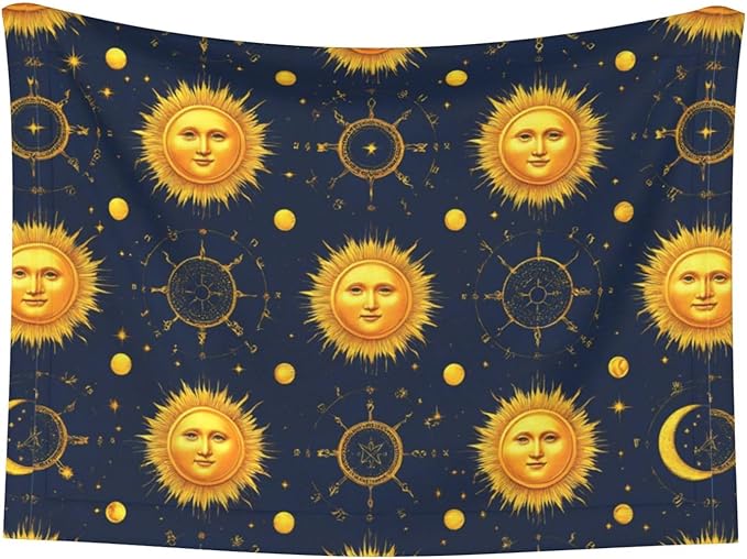 Double Sided Plush Pet Blanket with Cozy Dot Texture and Smooth Reverse, Meet 998 Boho Chic Art Golden Sun Moon And Stars Over Blue Black Sky, Reversible Throw for Dogs Cats on Couches Beds Crates