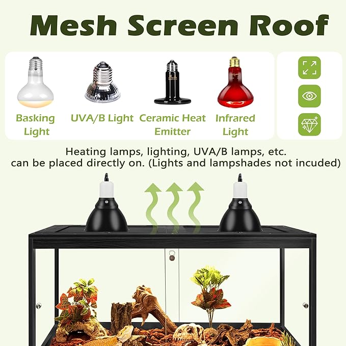 Prolee Tempered Glass Bearded Dragon Tank 28 Gallon,Reptile Encloure and Snake Tank with Metal Mesh Roof Door,Locking Design Reptile Tank for Lizard,Gecko,Chameleon (Black, 63 Gallon (40x20x20 Inch))