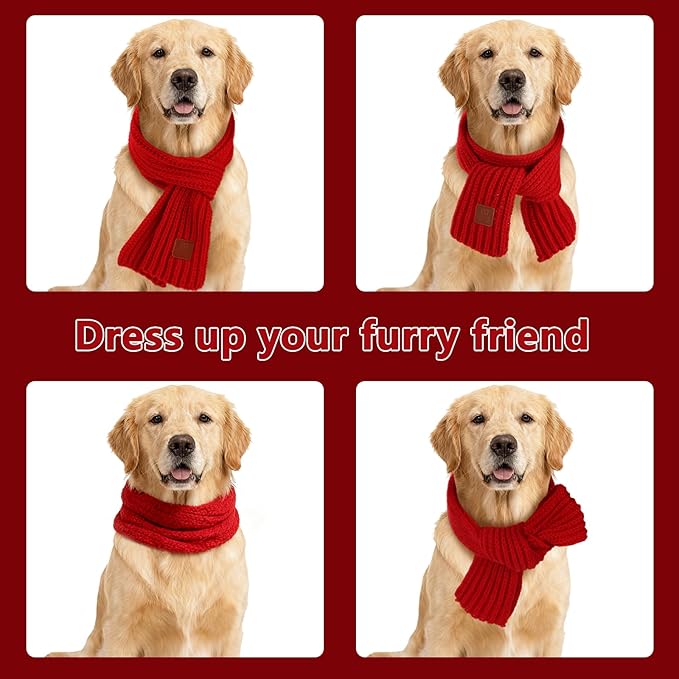 BWOGUE 2-Piece Knitted Dog Christmas Scarf & Bandana with Red Design for Medium/Large Dogs - Winter Warm Holiday Pet Costume Accessory (Red)